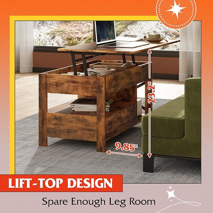 WLIVE Lift Top Coffee Table, Hidden Compartment, Wooden Lift Tabletop Center
