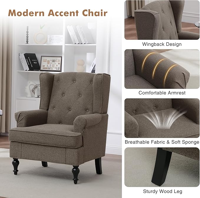 Accent Chair for Living Room, Mid Century Modern Upholstered Armchair, Wingback