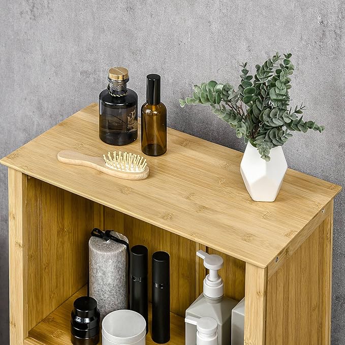 HOMCOM Bamboo Floor Cabinet Bathroom Floor Cabinet Living Room Organizer Tower