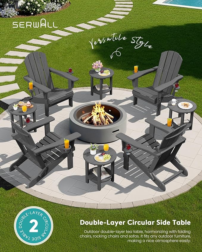 SERWALL Round Outdoor Side Table, HDPE Small Adirondack End Table, 2-Tier Patio