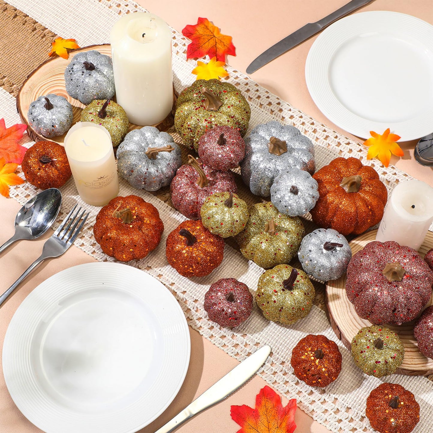 Simgoing 24 Pcs Thanksgiving Glitter Mini Pumpkin Decor Orange, Silver, Gold Small Artificial Foam Pumpkins Fall Tree Hanging Ornament Tiered Tray Decor for Autumn Thanksgiving Party Indoor Home