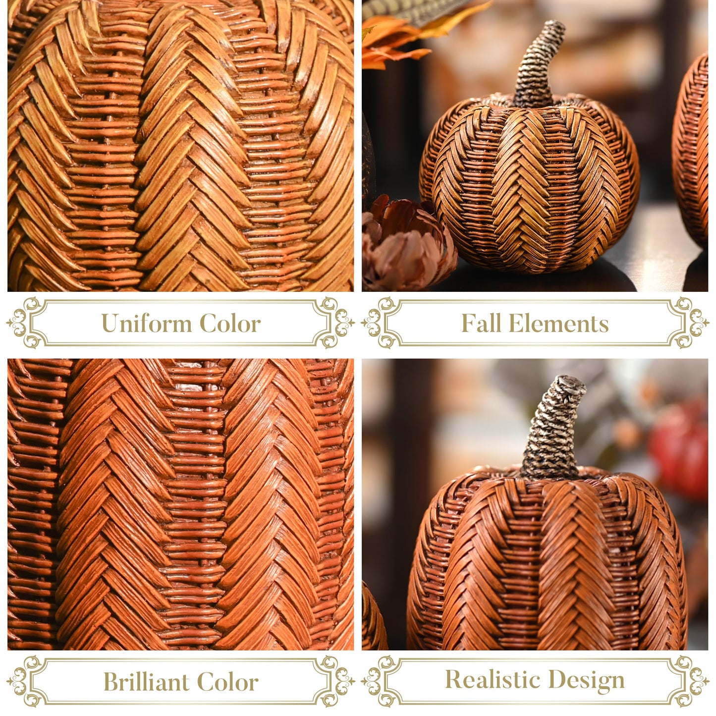 Valery Madelyn Thanksgiving Fall Decoration for Home Pumpkin Decor, 2pcs Resin Statue Artificial Rattan Pumpkins Figurine, Autumn Harvest Halloween Table Centerpieces, 6.2 inch