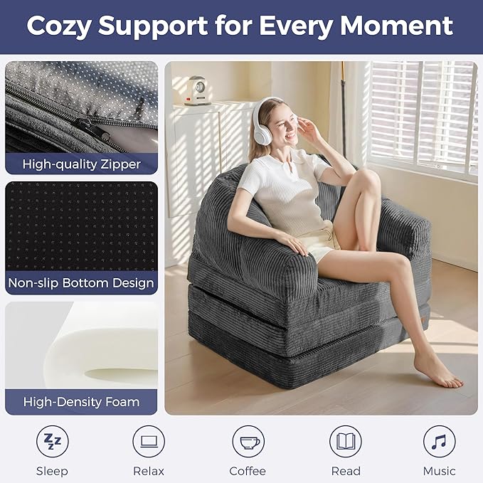 MAXYOYO Folding Sofa Bed with Backrest, Boneless Fold Out Couch Bed with Handle