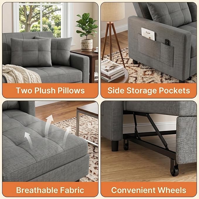 Gizoon 3-in-1 Convertible Loveseat Sleeper Couch Bed, 71.7" Extended Pull Out