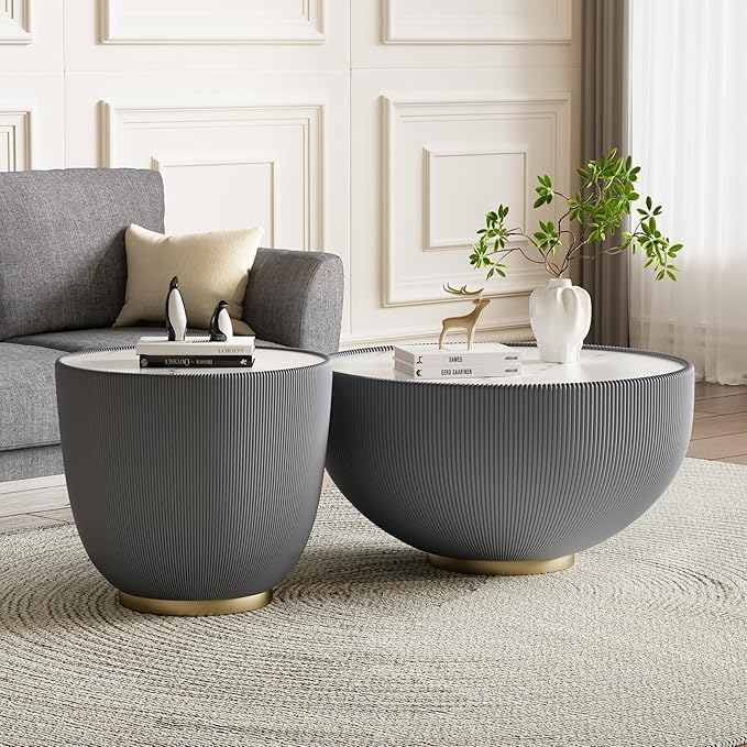 Round Marble Coffee Table Set of 2, 2 Piece White Coffee Table and End Table