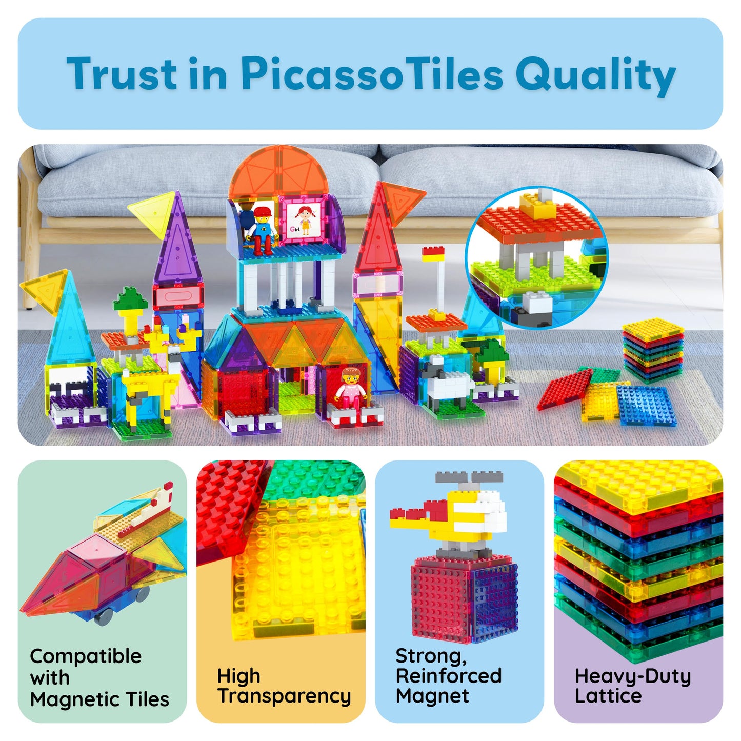 PicassoTiles Magnetic Brick Tiles STEM Creative Magnetic Tiles Building Block Set Building Brick Construction Toy Socket Spikes Toys Accessory Educational Imaginative Learning Kit Stacking Set