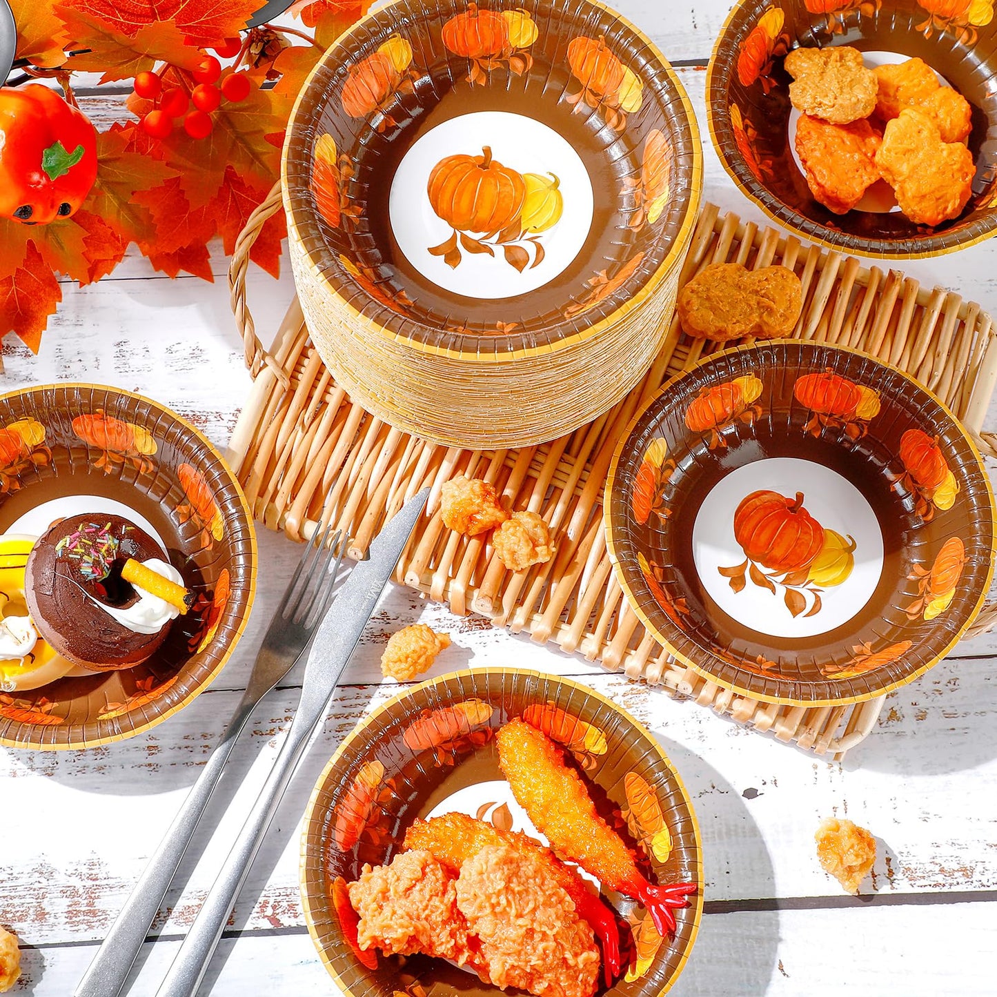 Sliner 50 Pcs 12 oz Fall Thanksgiving Paper Bowls Orange Pumpkin Pattern Hot Soup Bowls Fall Disposable Serving Salad Snack Plates Cups for Dessert Milk Cereal for Autumn Thanksgiving Holiday Party