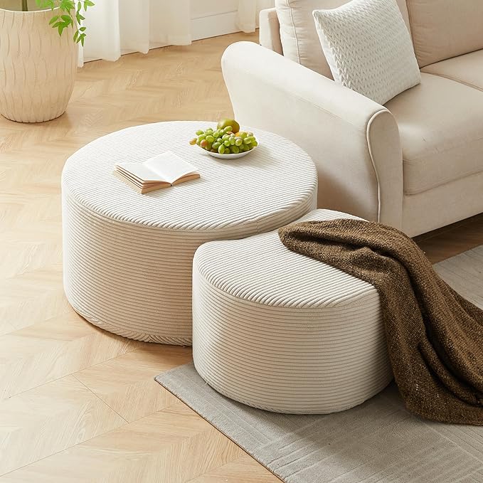 Modern Nesting Coffee Table Set of 2 in Beige, Upholstered Round Living Room