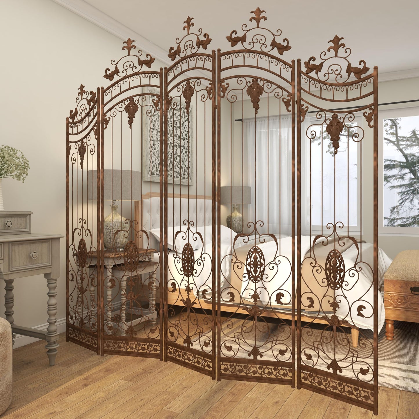 Deco 79 Metal Partition Room Divider Screen Hinged Foldable Arched Partition 5 Panel Privacy Screen with Relief Acanthus Design, Room Partition 80" x 1" x 80", Bronze