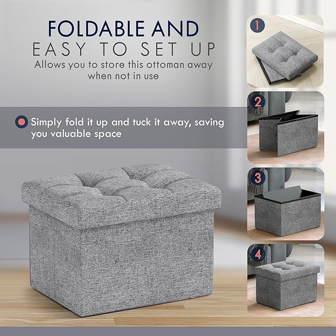 Ornavo Home Small Storage Ottoman, Foldable Collapsible Rectangle Linen Ottoman