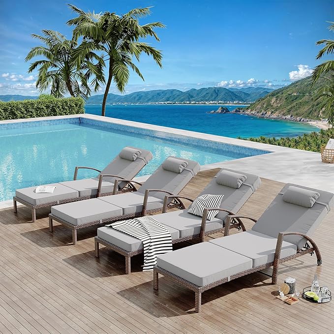 GarveeLife 2-Piece Rattan Patio Folding Chaise Lounge, 5-Position Adjustable