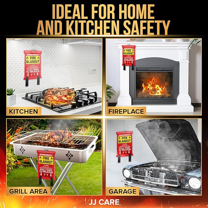JJ CARE Fire Blanket – 3 Packs with Hooks and Gloves – Emergency Fire Blanket for Home & Kitchen, High Heat Resistant Fire Suppression Blankets for Home Safety, Kitchen, and Camping