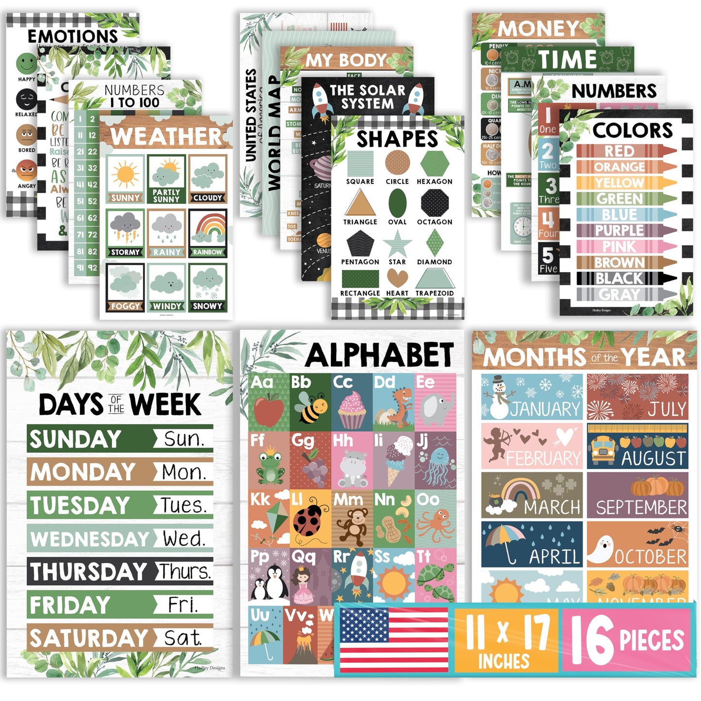 Hadley Designs 16 Educational Posters for Classroom Must Haves - Laminated Pre-K Posters for Toddler Homeschool Essentials, Toddler & Preschool Learning Activities, Kindergarten Classroom Decor