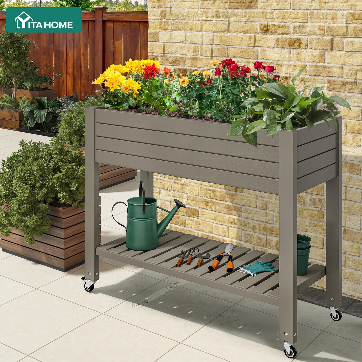 YITAHOME 3.6x1.5x2.8 FT Elevated Garden Bed Kit with Legs and Wheels, Outdoor Large Resin Planter Box Stand with Drain Plug and Storage Shelf for Plants Vegetables Fruits, Light Brown