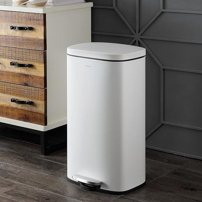 happimess HPM1011C Curtis 8-Gallon Step-Open Trash Can with Soft-Close Lid, Modern, Minimalistic, Fingerprint Proof for Home, Kitchen, Laundry Room, Office, Bedroom, Bathroom, White