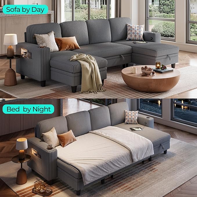 LINSY HOME Sectional Sofa with Pull Out Bed, 4 Seats Corduroy Reversible