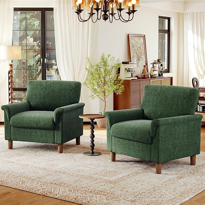 Mid Century Modern Accent Chairs Set of 2, Chenille Comfy Living Room Arm Chairs