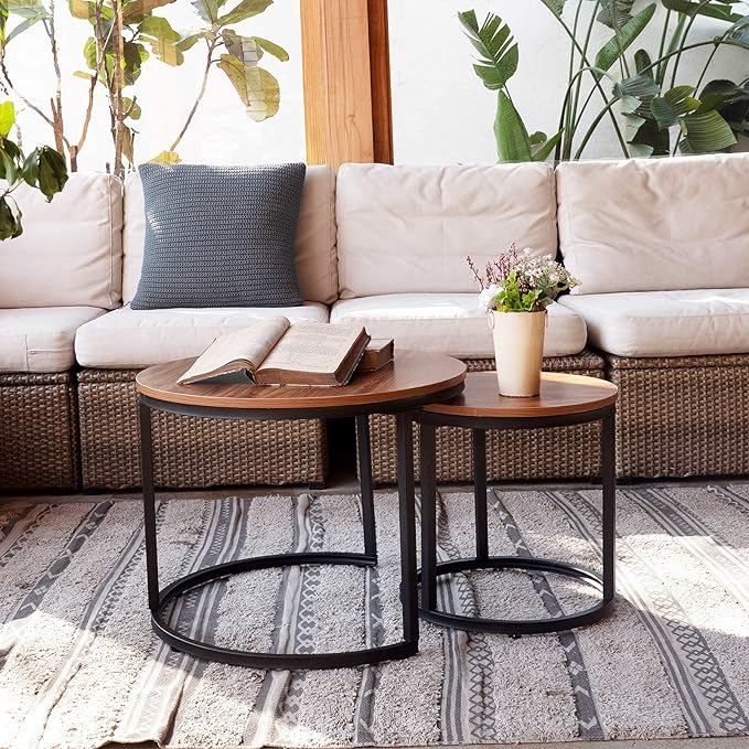 aboxoo Coffee Table Nesting Side Round Set of 2 End Table Top Sturdy Metal