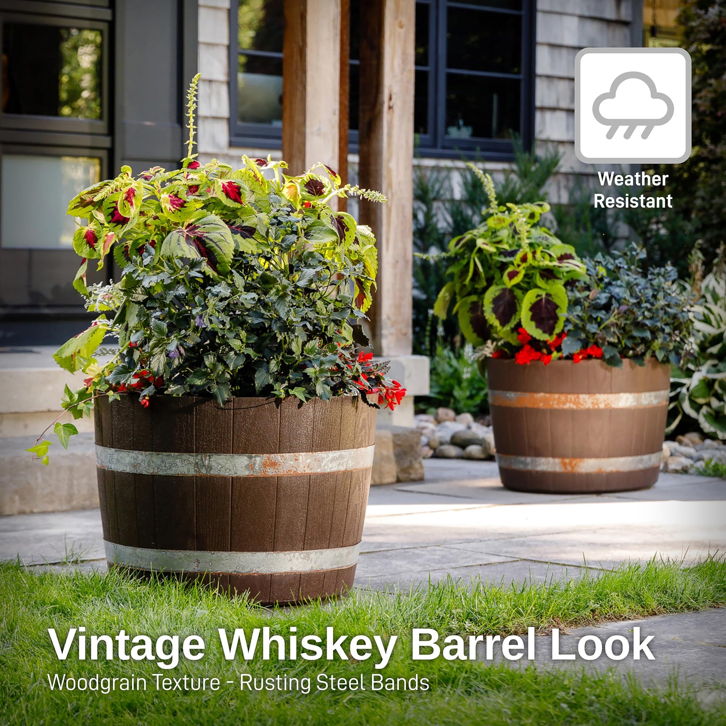 RTS Home Accents Better Barrel Heavy Duty 24” Planter with Rusting Steel Bands, Walnut Color
