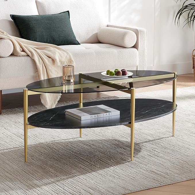 LumFurn Oval Glass Coffee Table, Mid-Century Modern Design, L43 x W22 x H17 inch