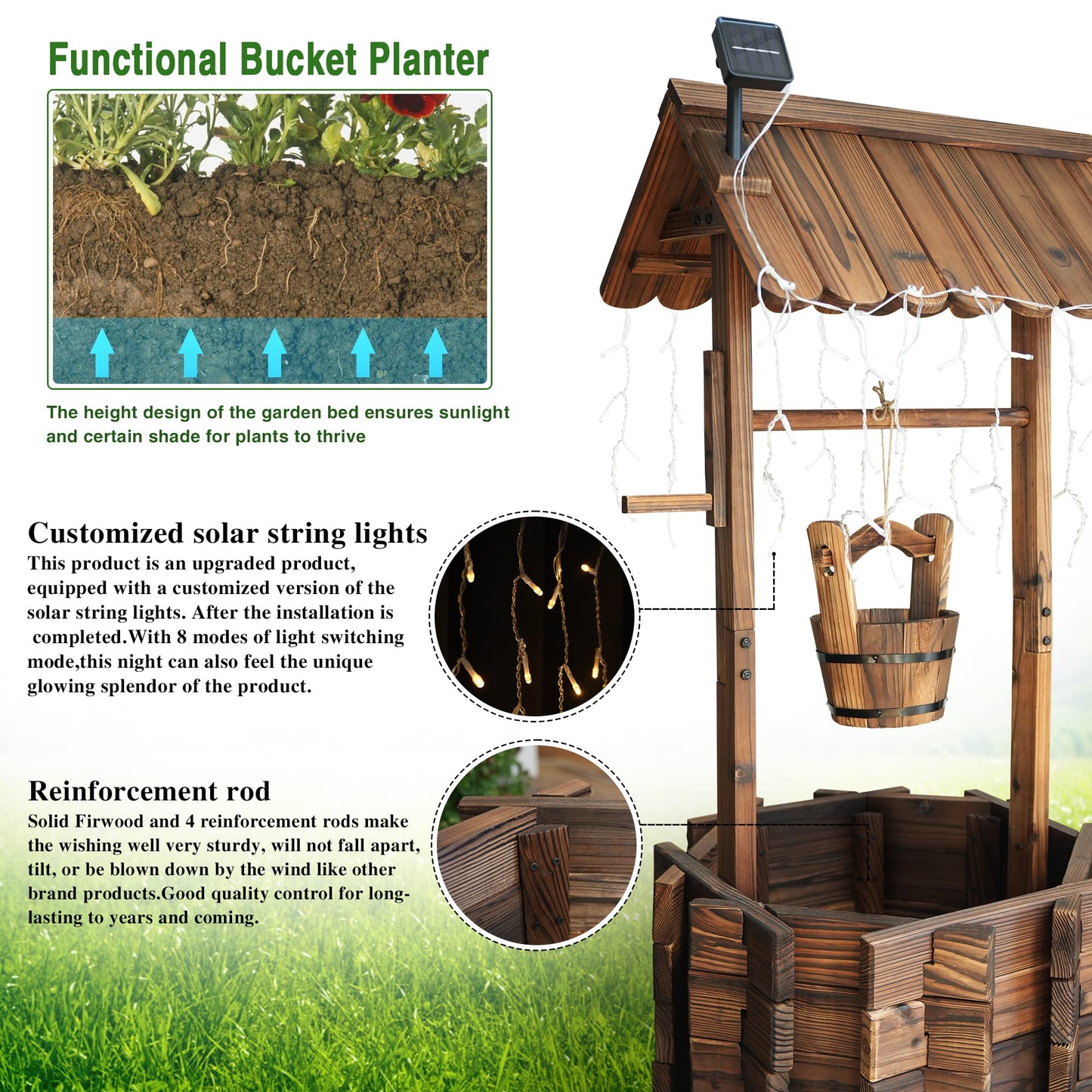 Notume Garden Wooden Decor Rustic Wishing Well with Light Planter Outdoor Home Décor for Patio, Upgrade Wishing Well Garden, Yard Hanging Bucket Patio Lawn Backyard Home Decor