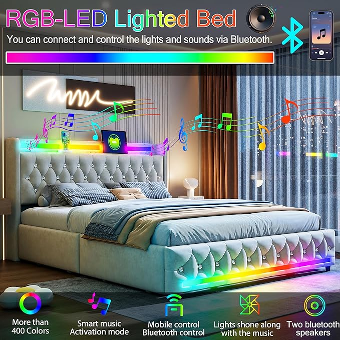 Music Player Full Bed with Bluetooth Speakers, USB&Type C Charging Ports