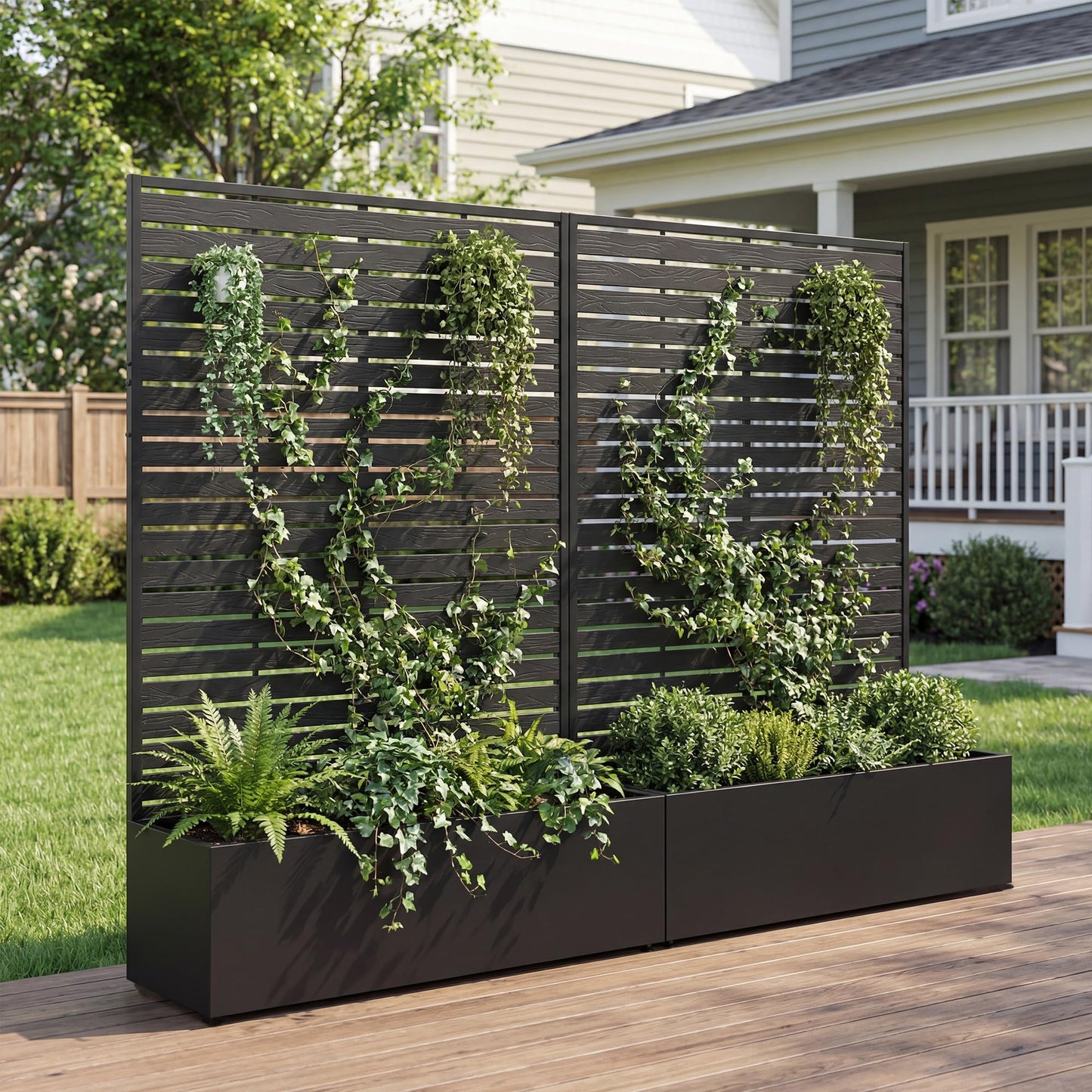 seethmi Metal Raised Garden Bed with HDPE Trellis, 45"x16"x59" Planter Box for Vegetables & Climbing Plants, Outdoor HDPE Privacy Screen Planter with Drainage Holes for Patio, Backyard, Garden