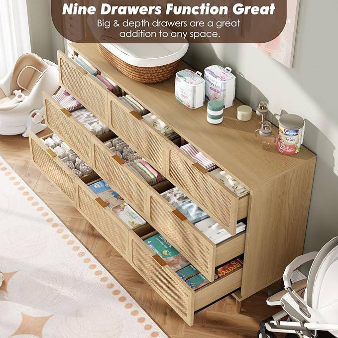 GarveeHome Rattan 9 Drawer Dressers