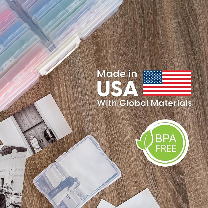 IRIS USA 4" x 6" |Made in USA| 2-Pack Photo Organizers and Picture Storage Box with Handle, 12 Inner Cases/Containers for Tasks, Stickers, Ephemera, & Flashcards - Clear