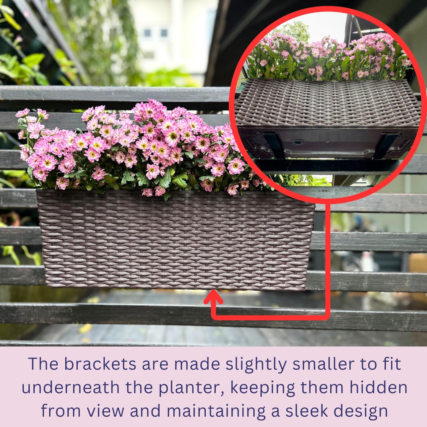 LaLaGreen Outdoor Rail Planter for Balcony (20 Inch, 2 Pack) Large Black Self Watering Railing Planters with Brackets, Rectangular Plastic Window Flower Box Fence Designer Choice with Rattan Pattern