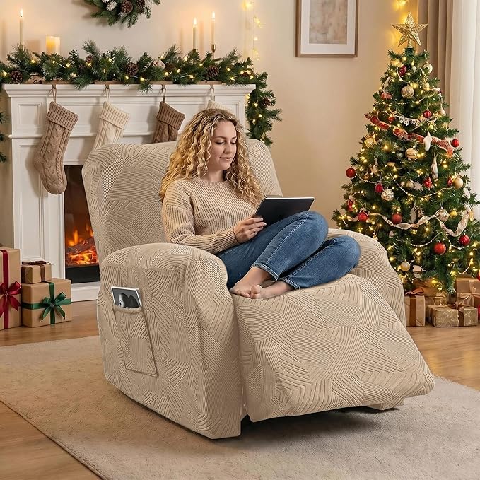Oversized Recliner Chair Covers, 4-Piece Stretch Geometric Strokes Jacquard