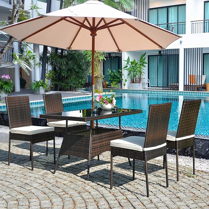 Tangkula 5 Piece Patio Wicker Dining Set, Outdoor Rattan Table and Chairs