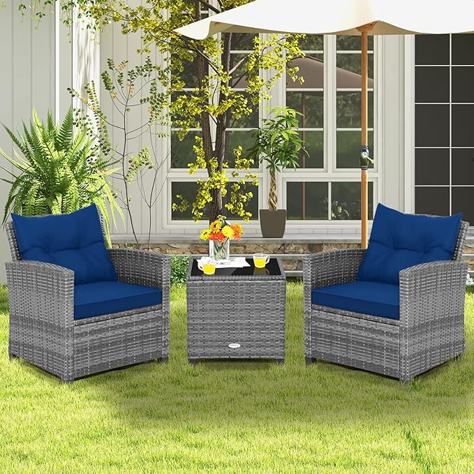 COSTWAY 3-Piece Patio Furniture Set, Outdoor Wicker Rattan Sofa