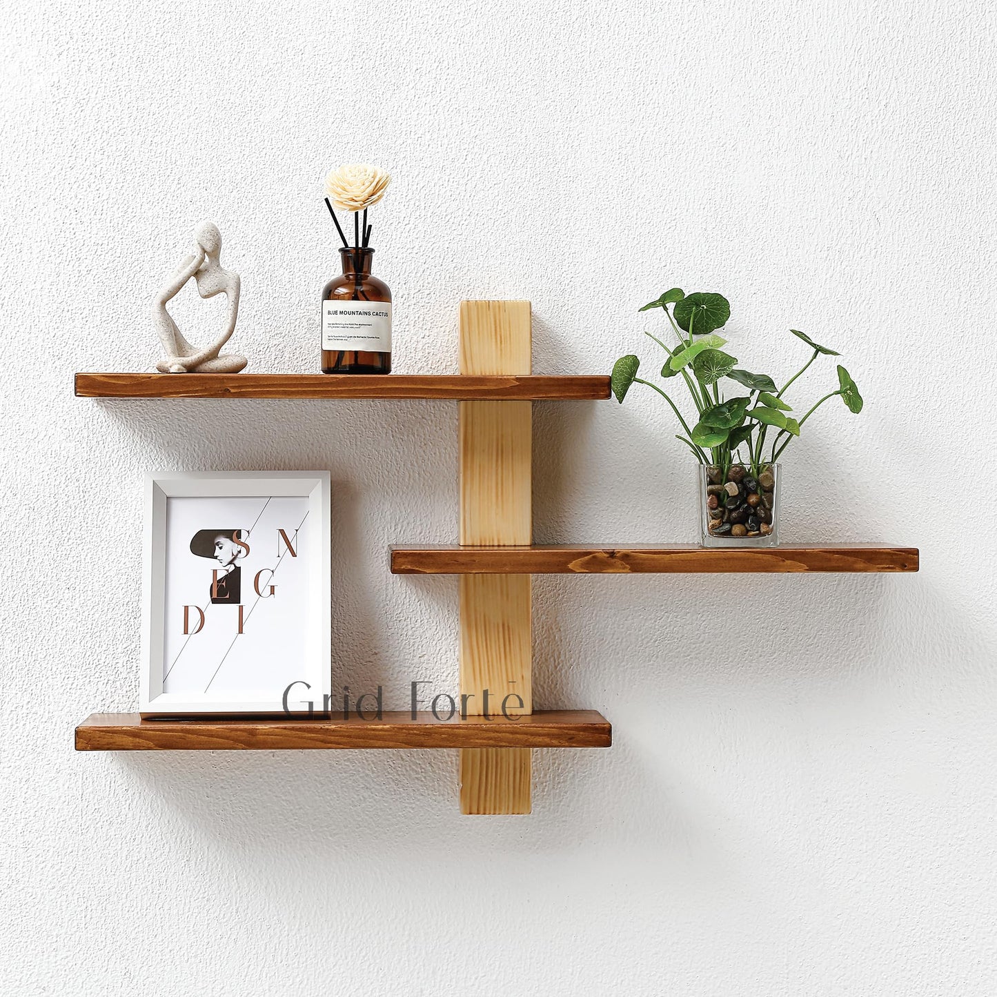 GRID FORTE Wood 3 Tier Floating Shelf, Large Minimalist Wall Shelves, Mid Century Modern Furniture, Art Deco, Plant Rock Crystal Shelving for Bedroom Living Room Office Bathroom