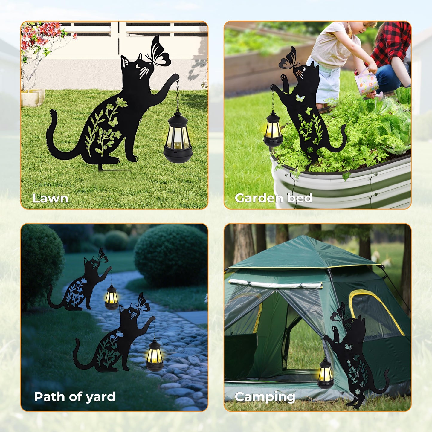 Cat Solar Lights Outdoor Garden, 2 pcs Lantern Stakes Decorative Black Ornament with Butterfly,Metal Garden Decor Art for Outside Lawn Yard Patio, Cat Yard Art Gifts for Halloween,Christmas