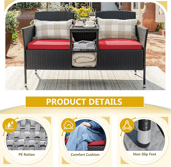 Devoko Outdoor Patio Loveseat Modern Rattan 2-Seat Patio Conversation Set