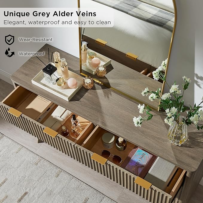 T4TREAM Fluted 6 Drawers Dresser, Curved Profile Design, Dresser TV Stand