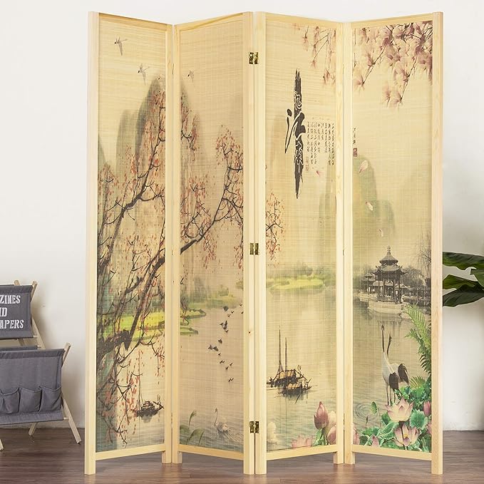 MyGift 4-Panel Folding Bamboo Room Divider Asian-Inspired Cherry Blossom Scene
