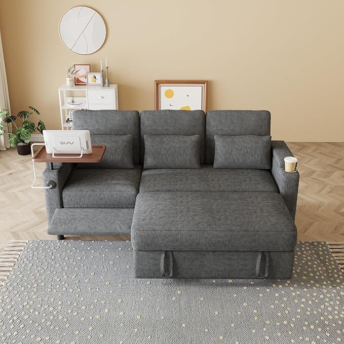 Sectional Sleeper Sofa with Pull Out Couch and Reclining Chair, Modern 3-in-1