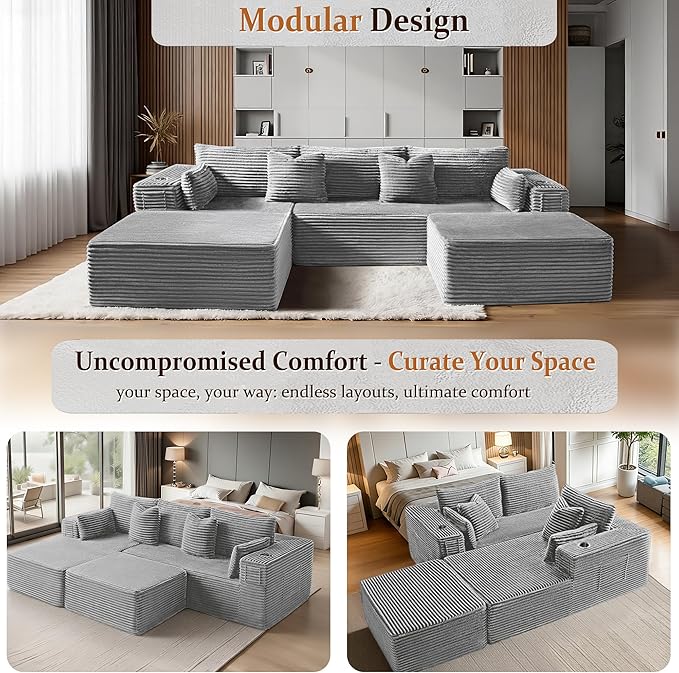108" Oversized Cloud Sectional Couch, Comfort U Shaped Boneless Couch