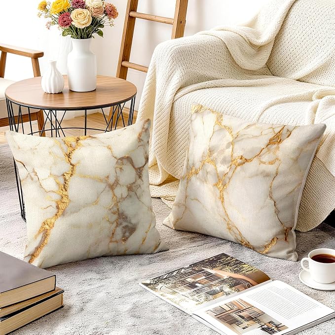 OBSEDE Gold Foil Marble Decorative Throw Pillow Covers 18 × 18 in, Couch