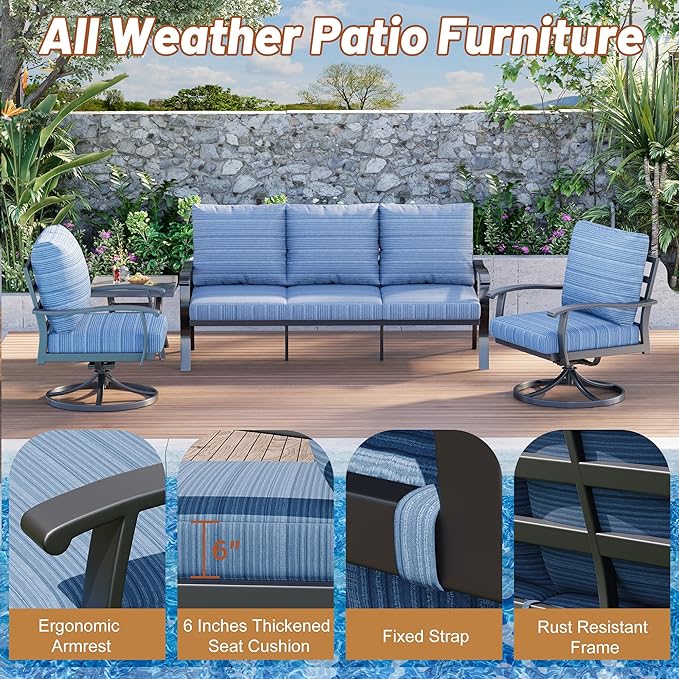 HOMREST Patio Furniture Sets 4 PCS Outdoor Metal Conversation Sets, 360 Degree