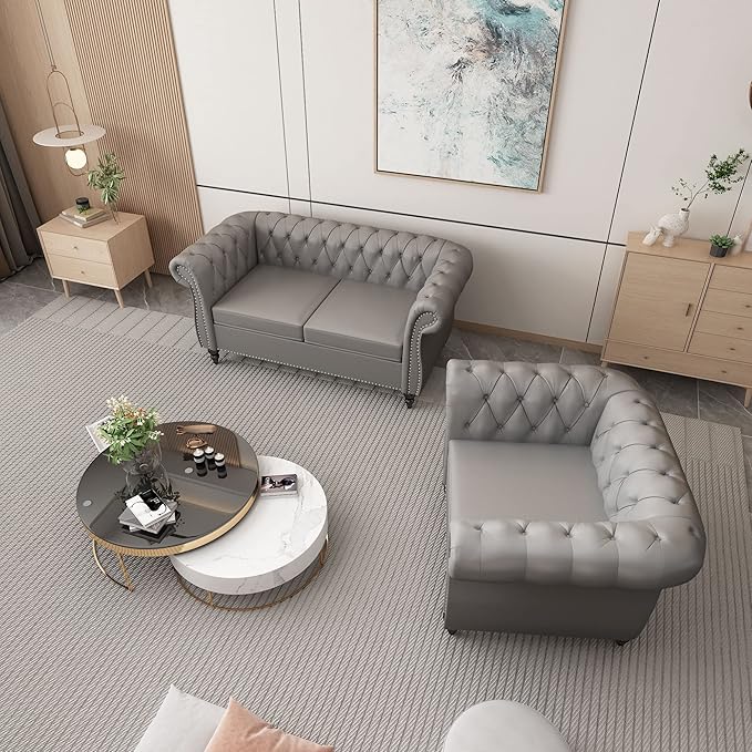 ORRD 2 Piece Living Room Set, Chesterfield Leather Sofa Couch Chair