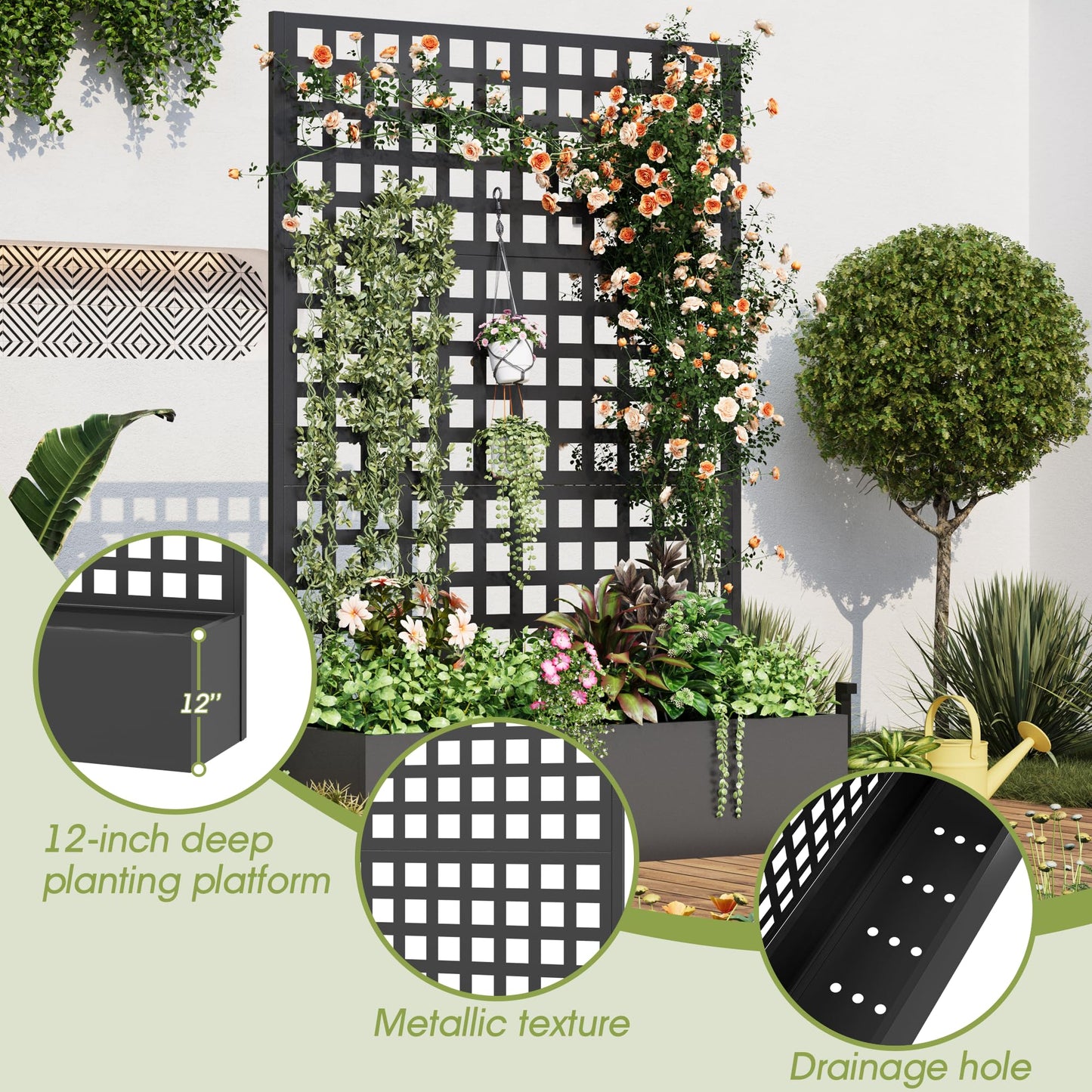 UPHYB Metal Planter Box with Trellis, 71"x 47"x 16" Raised Garden Bed, Planter Box Trellis with Privacy Screen and Drainage Holes, Black
