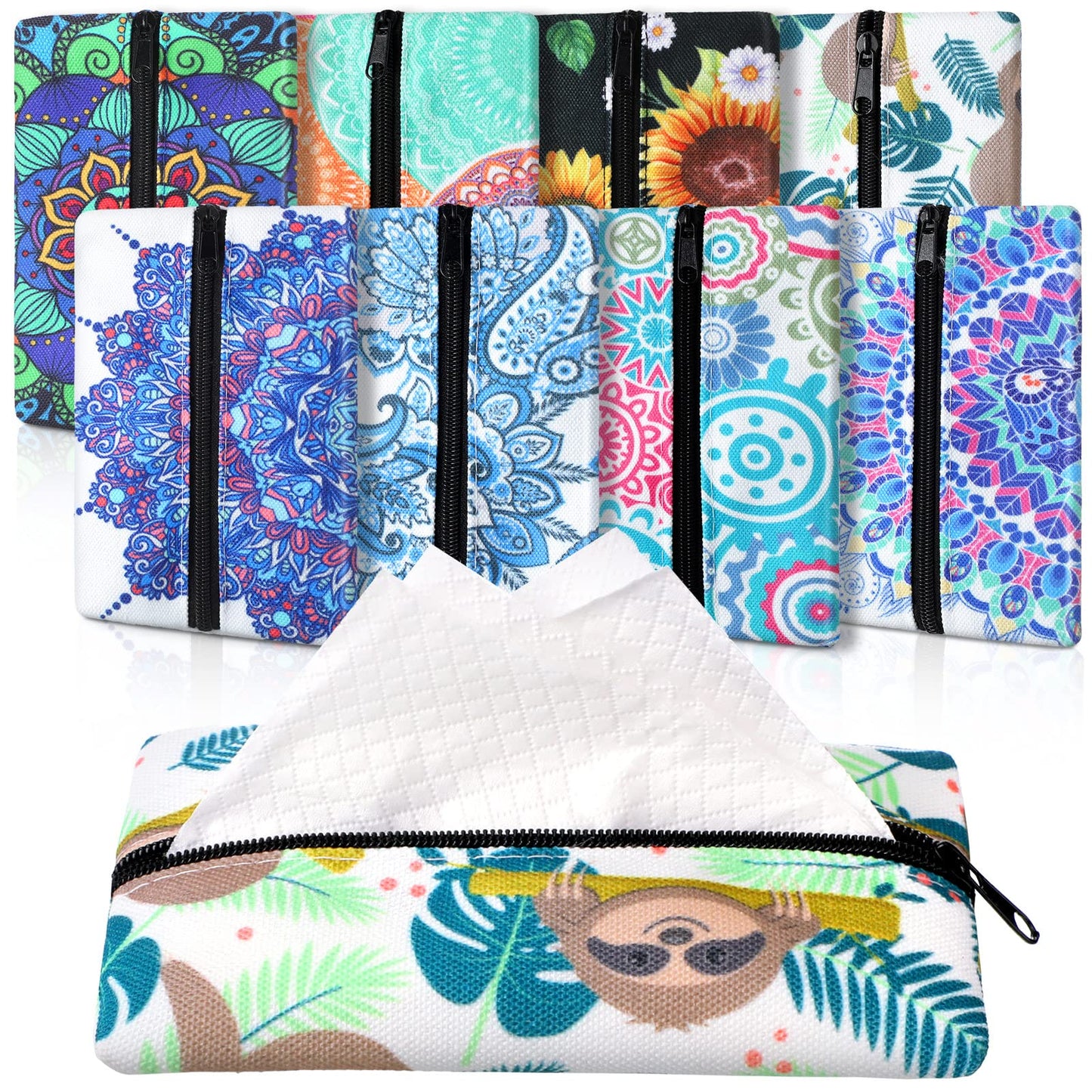 Fabbay 8 Pieces Purse Tissue Holder Reusable Travel Tissue Pouch Fabric Zipper Purse for Bag Car Office Home(Floral)