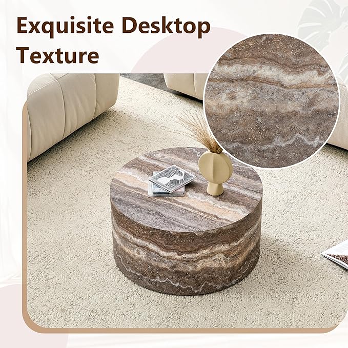 Round Coffee Table, 23.6" Modern Grey Faux Marble Drum Coffee Table, Round