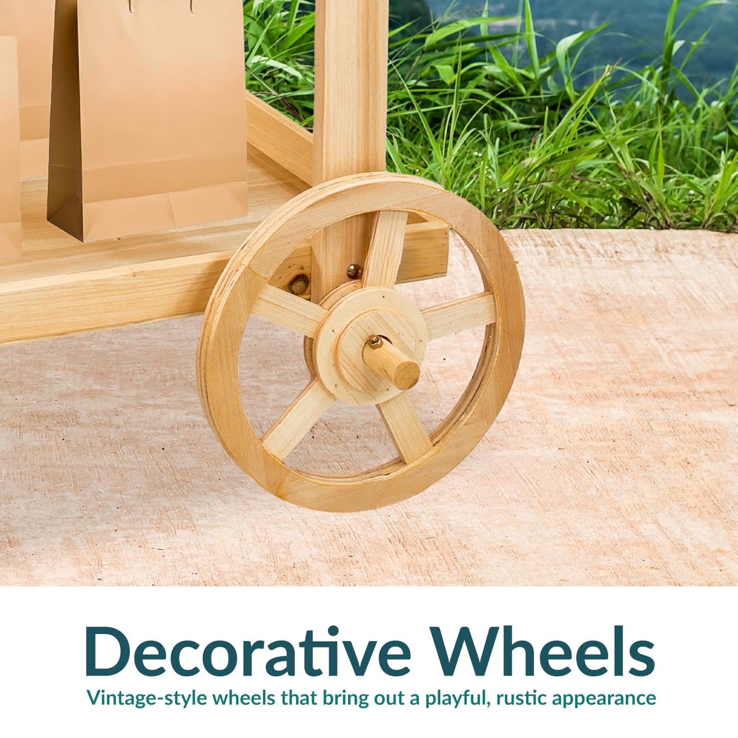 Sunnydaze Country Market Flower Cart Display Stand with Wheels - 2 Shelves - Fir Wood - 30 lb Weight Capacity - Natural Fir