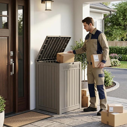 55 Gallon Outdoor Package Delivery Box Waterproof with Lockable, Weatherproof Secure Parcel Drop Box for Porch, Resin Outside Storage Boxes Grey