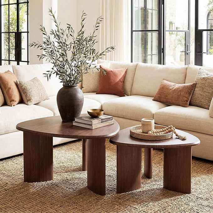 Honyee Nesting Coffee Table Set of 2, Modern Walnut Wood Veneer Coffee Table