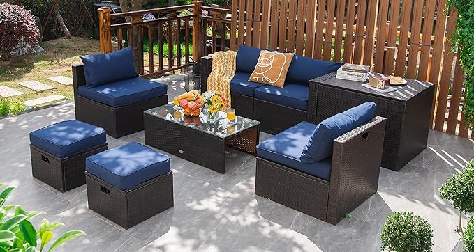 Tangkula 8 Piece Patio Furniture Set, Patiojoy Outdoor Space Saving PE Rattan